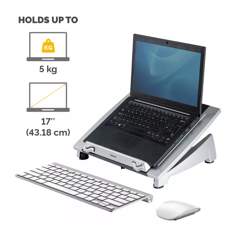 Fellowes Office Suites Plus reguliuojamas stovas nešiojamam kompiuteriui, 5 aukščio padėtys, iki 17 colių, 5 kg, juodas/sidabrinis