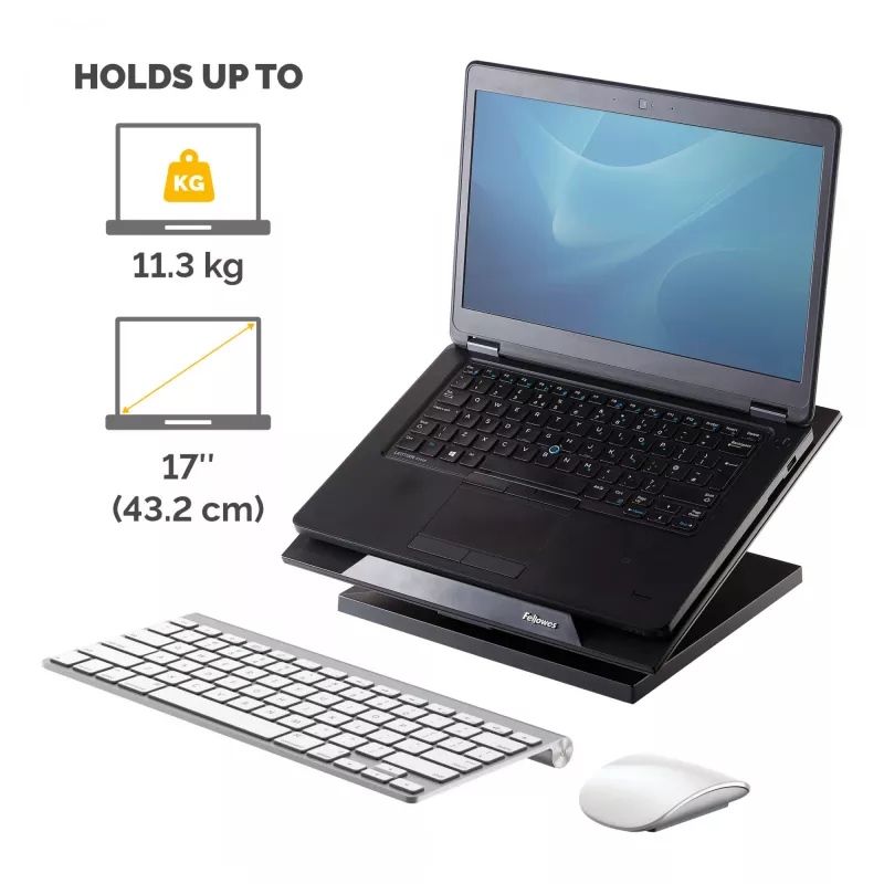 Fellowes Designer Suites Laptop Riser, nešiojamojo kompiuterio stovas, juodas, plastikinis, 43,2 cm (17 colių), 11,3 kg, FIRA International, EN ISO 9241-5