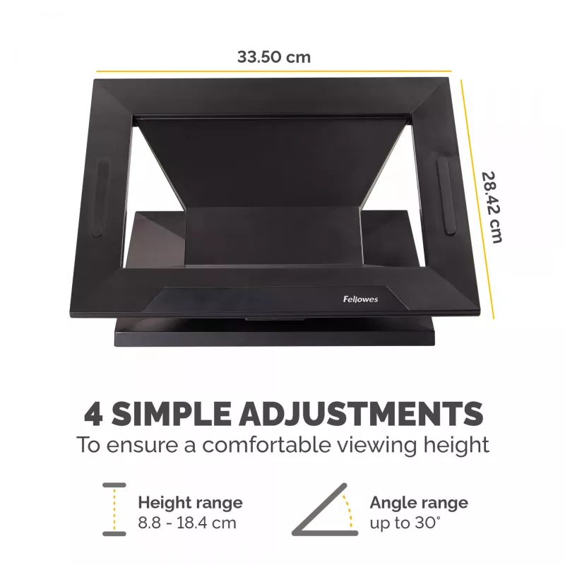Fellowes Designer Suites Laptop Riser, nešiojamojo kompiuterio stovas, juodas, plastikinis, 43,2 cm (17 colių), 11,3 kg, FIRA International, EN ISO 9241-5
