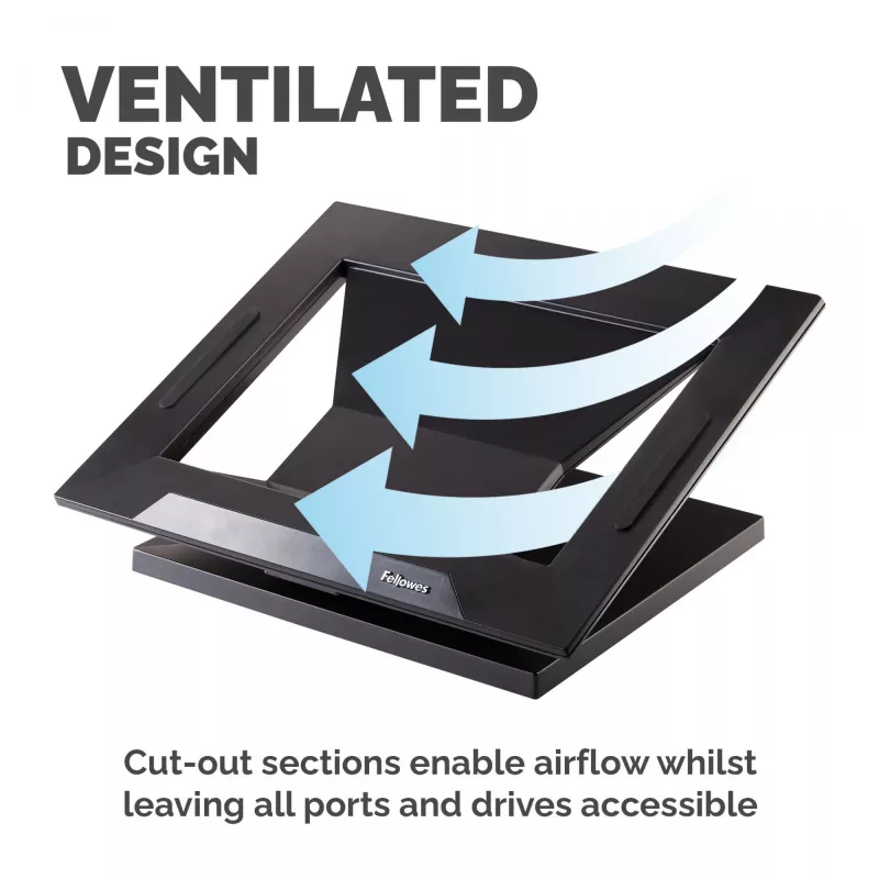 Fellowes Designer Suites Laptop Riser, nešiojamojo kompiuterio stovas, juodas, plastikinis, 43,2 cm (17 colių), 11,3 kg, FIRA International, EN ISO 9241-5