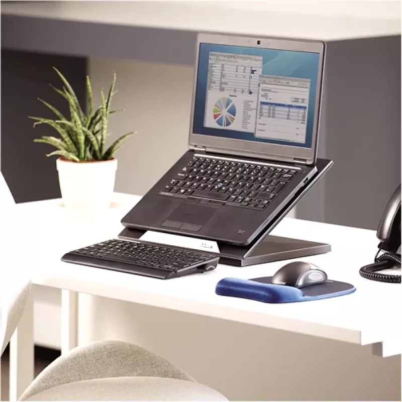 Fellowes Designer Suites Laptop Riser, nešiojamojo kompiuterio stovas, juodas, plastikinis, 43,2 cm (17 colių), 11,3 kg, FIRA International, EN ISO 9241-5