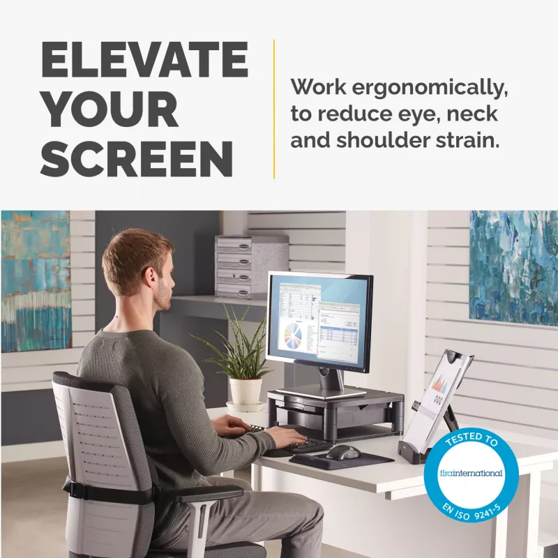 Fellowes Premium Monitor Riser Plus su 3 aukščio reguliavimais, kabelių valdymu, iki 21 colio/36 kg, grafito spalvos