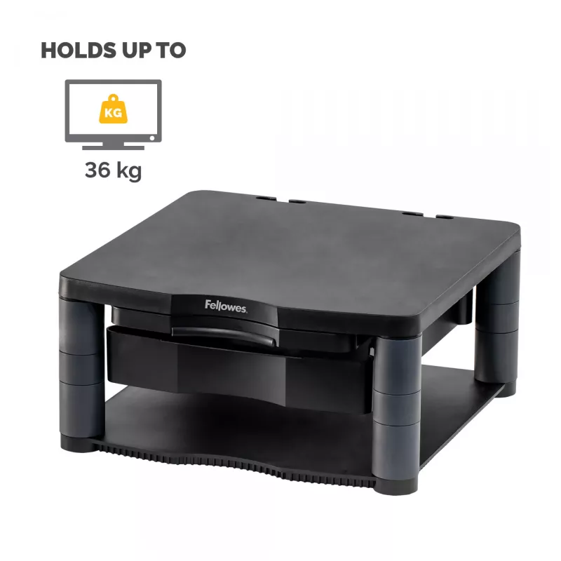 Fellowes Premium Monitor Riser Plus su 3 aukščio reguliavimais, kabelių valdymu, iki 21 colio/36 kg, grafito spalvos
