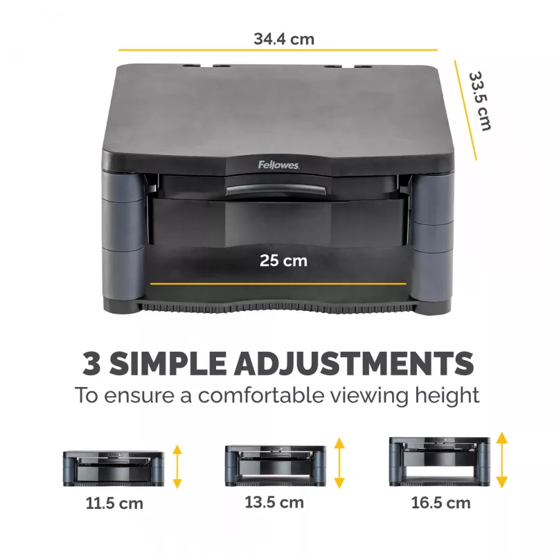 Fellowes Premium Monitor Riser Plus su 3 aukščio reguliavimais, kabelių valdymu, iki 21 colio/36 kg, grafito spalvos