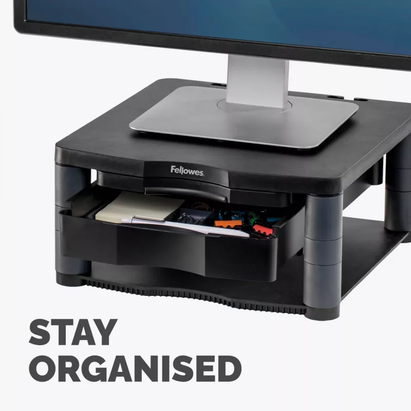 Fellowes Premium Monitor Riser Plus su 3 aukščio reguliavimais, kabelių valdymu, iki 21 colio/36 kg, grafito spalvos