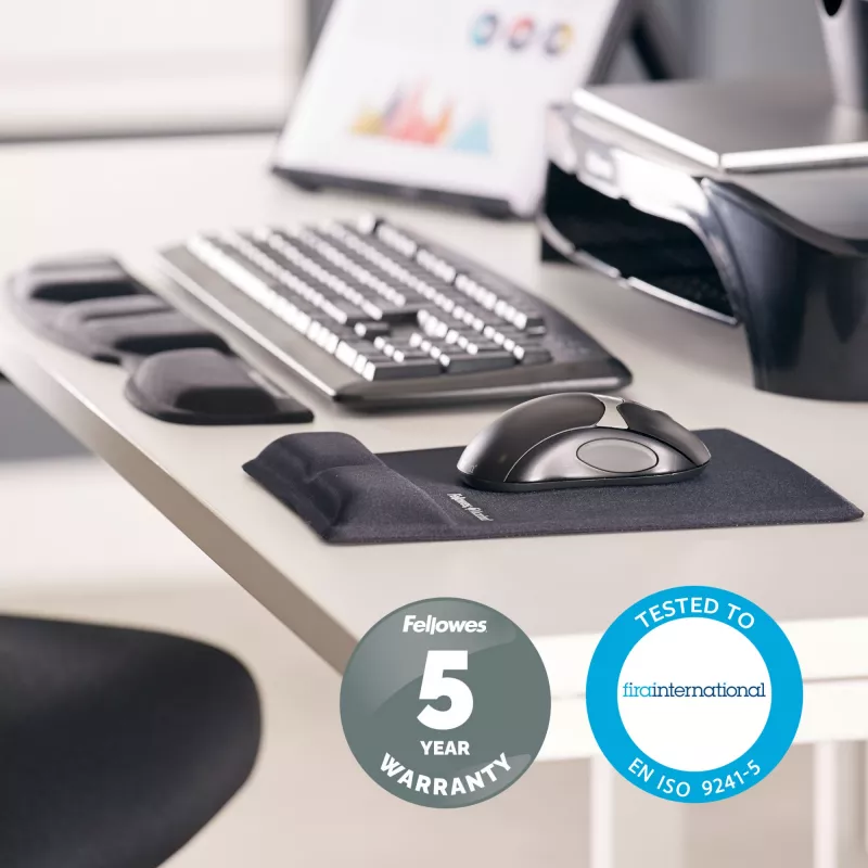 Fellowes pelėdos kilimėlis su riešo atrama Health-V, antibakterinė apsauga, ergonomiškas, juodas