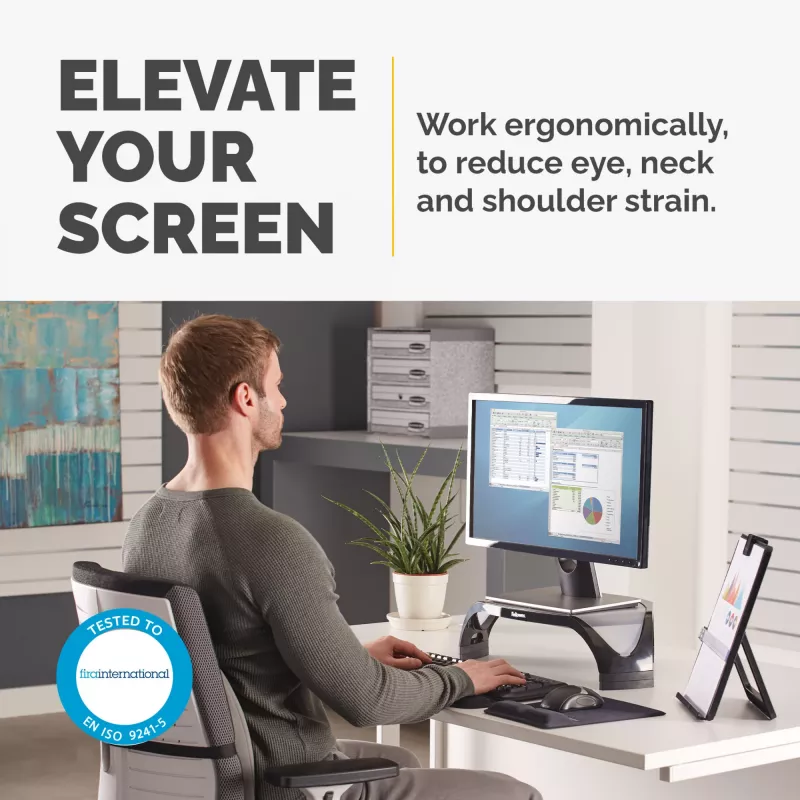 Fellowes kompiuterio monitoriaus stovas su 3 aukščio reguliavimais - Smart Suites monitoriaus pakėlimo stovas - ergonomiškas reguliuojamas monitoriaus stovas - maks. svoris 10 kg / maks. dydis 21 colis - juoda