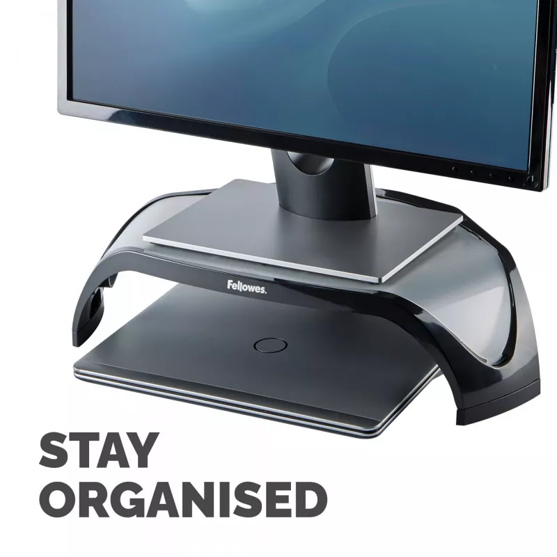 Fellowes kompiuterio monitoriaus stovas su 3 aukščio reguliavimais - Smart Suites monitoriaus pakėlimo stovas - ergonomiškas reguliuojamas monitoriaus stovas - maks. svoris 10 kg / maks. dydis 21 colis - juoda