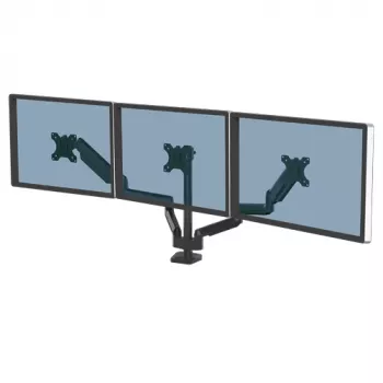 Fellowes Platinum Series trijų monitorų laikiklis - tvirtinimas trims 7 kg 27 colių ekranams - reguliuojamas trijų monitorių stalinis laikiklis - pakreipimas 45° pasukimas 180° sukimas 360° sukimas 360°, VESA 75x75/100x100 - juodas