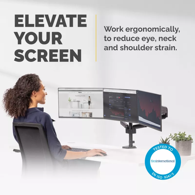 Fellowes Platinum Series trijų monitorų laikiklis - tvirtinimas trims 7 kg 27 colių ekranams - reguliuojamas trijų monitorių stalinis laikiklis - pakreipimas 45° pasukimas 180° sukimas 360° sukimas 360°, VESA 75x75/100x100 - juodas