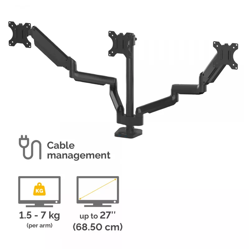 Fellowes Platinum Series trijų monitorų laikiklis - tvirtinimas trims 7 kg 27 colių ekranams - reguliuojamas trijų monitorių stalinis laikiklis - pakreipimas 45° pasukimas 180° sukimas 360° sukimas 360°, VESA 75x75/100x100 - juodas