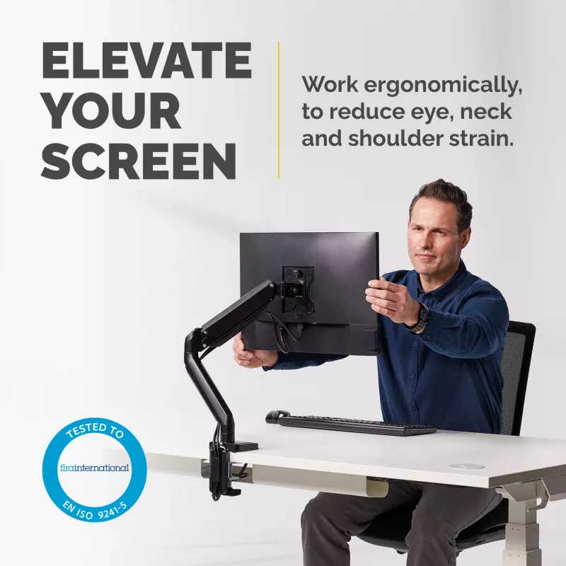 Fellowes Platinum Series monitorinis stovas – laikiklis monitoriui iki 8 kg 40 colių ekranams – reguliuojamas stovas ant stalo – pakreipimas 45° pasukimas 180° sukimas 360° VESA 75x75/100x100 – juodas