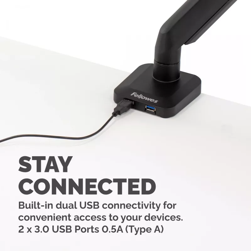 Fellowes Platinum Series monitorinis stovas – laikiklis monitoriui iki 8 kg 40 colių ekranams – reguliuojamas stovas ant stalo – pakreipimas 45° pasukimas 180° sukimas 360° VESA 75x75/100x100 – juodas