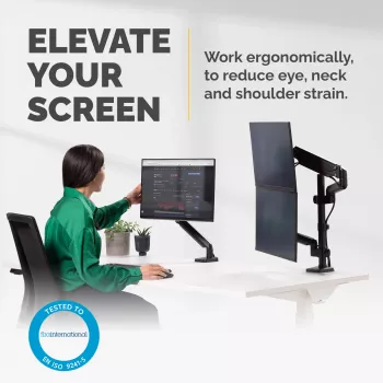Fellowes Platinum Series dvigubas monitoriaus laikiklis – stalinis laikiklis dviem 8 kg 27 colių ekranams – reguliuojamas dviejų monitorių tvirtinimas – pakreipimas 45°, pasukimas 180°, sukimas 360°, VESA 75 x 75 / 100 x 100 – juodas