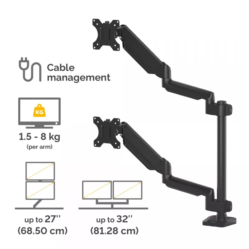 Fellowes Platinum Series dvigubas monitoriaus laikiklis – stalinis laikiklis dviem 8 kg 27 colių ekranams – reguliuojamas dviejų monitorių tvirtinimas – pakreipimas 45°, pasukimas 180°, sukimas 360°, VESA 75 x 75 / 100 x 100 – juodas