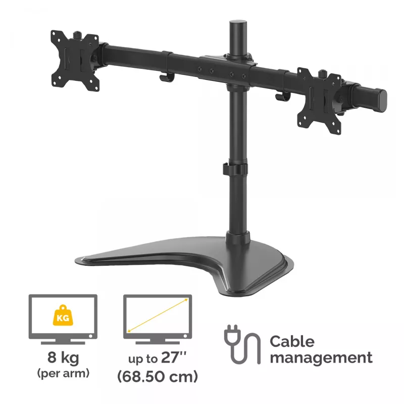Fellowes Seasa dviejų monitorų laikiklis – laisvai pastatomas monitorių stovas 8 kg 27 colių ekranams – ergonomiškas reguliuojamas monitoriaus laikiklis – pakreipimas 45° pasukimas 120° sukimas 360°, VESA 75 x 75/100 x 100 – juodas