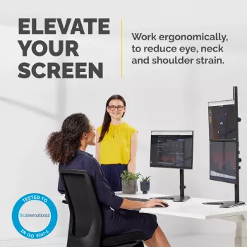 Fellowes Seasa dviejų monitorų stovas – laisvai pastatomas monitorių laikiklis 8 kg 32 colių ekranams – ergonomiškas reguliuojamas monitoriaus stovas – pakreipimas 45°, pasukimas 120°, sukimas 360°, VESA 75 x 75/100 x 100 – juodas