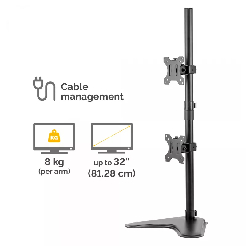 Fellowes Seasa dviejų monitorų stovas – laisvai pastatomas monitorių laikiklis 8 kg 32 colių ekranams – ergonomiškas reguliuojamas monitoriaus stovas – pakreipimas 45°, pasukimas 120°, sukimas 360°, VESA 75 x 75/100 x 100 – juodas