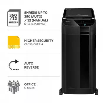 Fellowes AutoMax 350C automatinis popieriaus smulkintuvas, 350 lapų, kryžminis pjovimas, 4x38 mm, P4, 68 l krepšelis