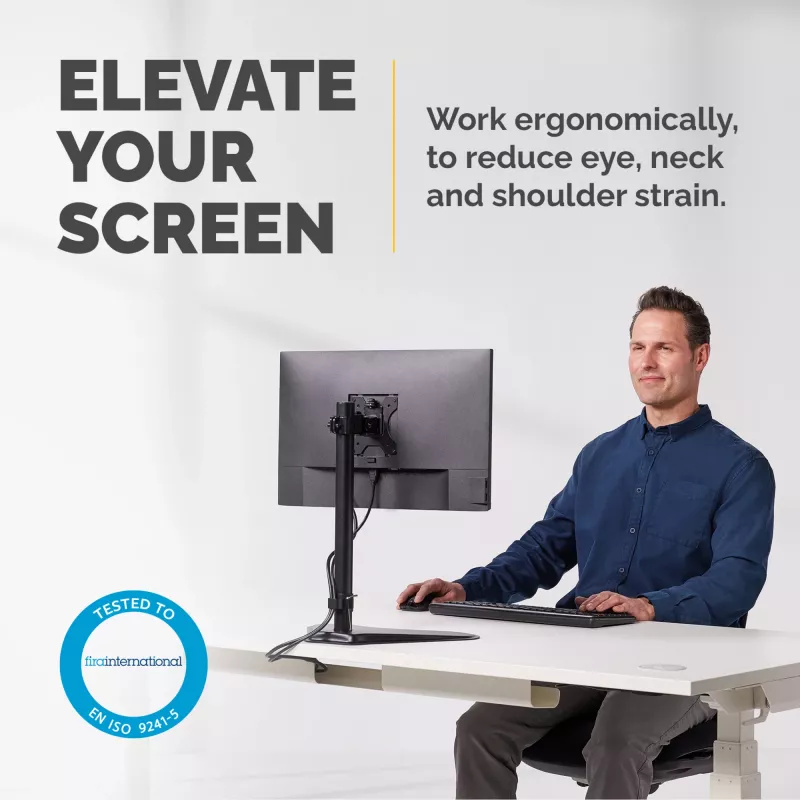 Fellowes Seasa laisvai pastatomas monitoriaus laikiklis vienam ekranui, iki 8 kg / 32 colių, ergonomiškas, reguliuojamas, pakreipimas 45°, pasukimas 120°, sukimas 360°, VESA 75x75/100x100, juodas