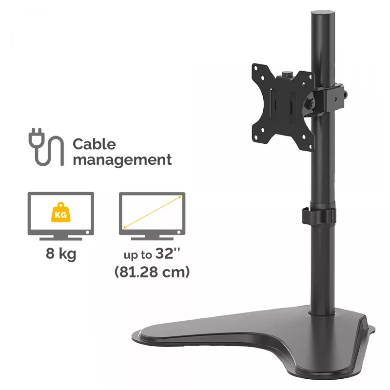 Fellowes Seasa laisvai pastatomas monitoriaus laikiklis vienam ekranui, iki 8 kg / 32 colių, ergonomiškas, reguliuojamas, pakreipimas 45°, pasukimas 120°, sukimas 360°, VESA 75x75/100x100, juodas