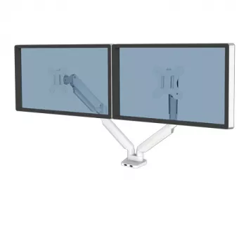 Fellowes Platinum Series Dviejų Monitorų Laikiklis - Monitorių Stovas Dviem 8KG 40 Colių Ekranams - Reguliuojamas Dviejų Monitorių Stalas - Pakreipimas 45° Pasukimas 180° Sukiojimas 360° Sukimasis 360°, VESA 75 x 75/100 x 100 - Baltas