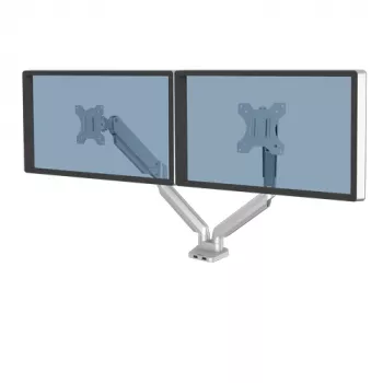 Fellowes Platinum Series dviejų monitorų laikiklis - stalinis laikiklis dviem 8 kg 40 colių ekranams - reguliuojamas dviejų monitorių stalinis laikiklis - pakreipimas 45°, pasukimas 180°, sukimas 360°, VESA 75x75/100x100 - sidabrinis