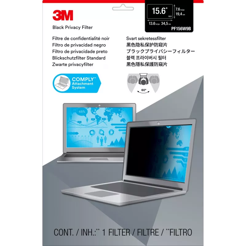 3M privatumo filtras 15.6 colio plačiaekraniam nešiojamam kompiuteriui, 39,6 cm (15,6 colių), 16:9, nešiojamam kompiuteriui, berėmis ekrano privatumo filtras, antirefleksinis