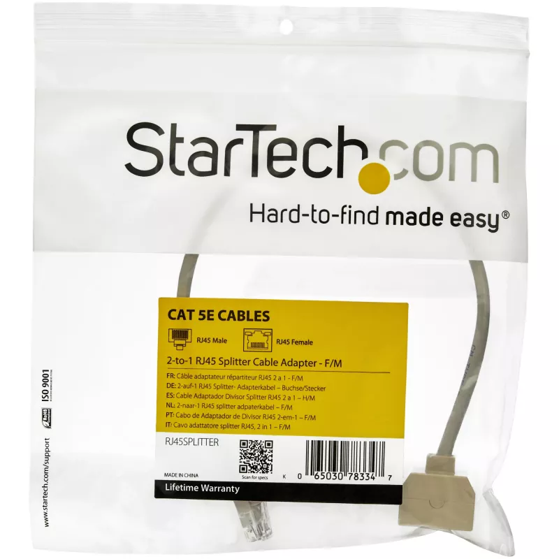 StarTech.com 2 į 1 RJ45 skirstytuvas kabelio adapteris - F/M, 10/100Base-T(X), Cat5e, pilka, PVC, 0,33 m, kištukas/lizdas