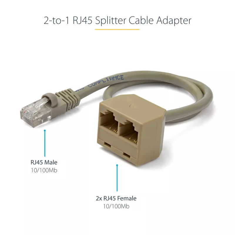 StarTech.com 2 į 1 RJ45 skirstytuvas kabelio adapteris - F/M, 10/100Base-T(X), Cat5e, pilka, PVC, 0,33 m, kištukas/lizdas