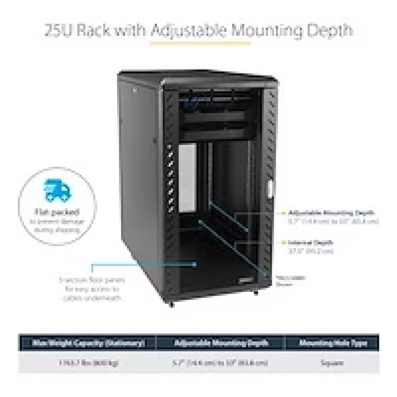StarTech.com 4-Post 25U Server Rack Cabinet, užrakinamas 19 colių duomenų stovo korpusas kompiuterinei / AV / IT įrangai, biuro / namų tinklo stovas su ratukais ir reguliuojamais montavimo bėgeliais