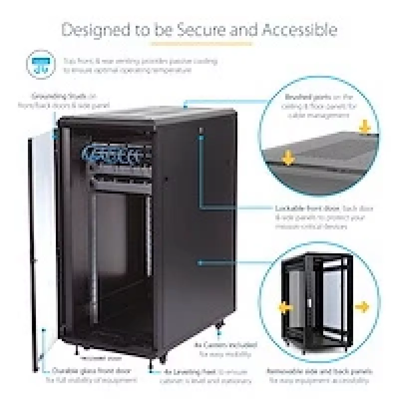 StarTech.com 4-Post 25U Server Rack Cabinet, užrakinamas 19 colių duomenų stovo korpusas kompiuterinei / AV / IT įrangai, biuro / namų tinklo stovas su ratukais ir reguliuojamais montavimo bėgeliais