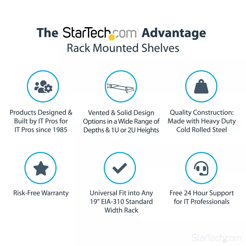 StarTech.com CABSHELF22 2U fiksuota lentyna serverio stovui – 22 colių gylio, juoda, 23 kg keliamoji galia