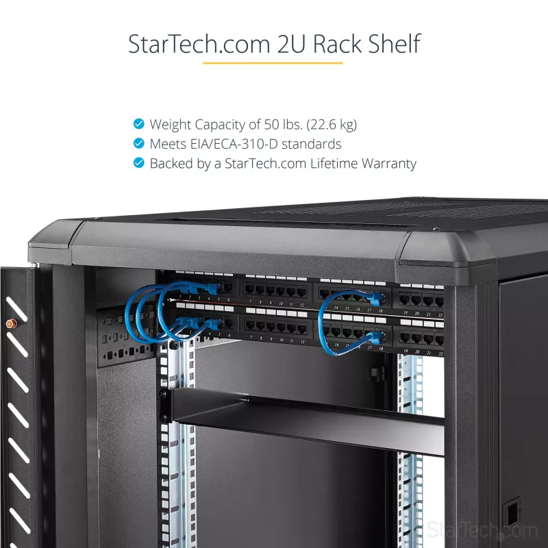 StarTech.com CABSHELF22 2U fiksuota lentyna serverio stovui – 22 colių gylio, juoda, 23 kg keliamoji galia