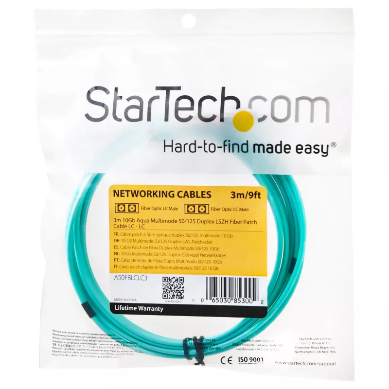StarTech.com 3m (10ft) LC/UPC į LC/UPC OM3 daugiamodis šviesolaidinis kabelis, pilnas dupleksas 50/125µm, 100G, maži įterpimo nuostoliai, LSZH šviesolaidinis trumpiklis