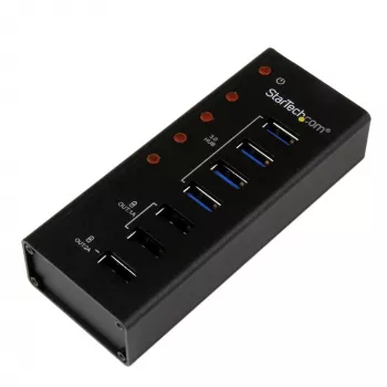 StarTech.com ST4300U3C3 4 prievadų USB 3.0 šakotuvas su 3 skirtais USB įkrovimo prievadais (2 x 1A ir 1 x 2A) – montuojamas ant sienos metaliniame korpuse