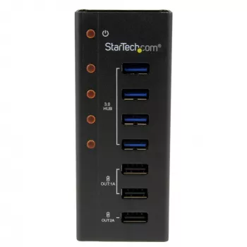 StarTech.com ST4300U3C3 4 prievadų USB 3.0 šakotuvas su 3 skirtais USB įkrovimo prievadais (2 x 1A ir 1 x 2A) – montuojamas ant sienos metaliniame korpuse