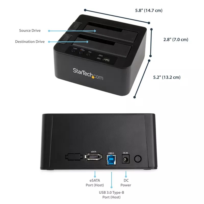 StarTech.com SDOCK2U33RE dviejų lizdų standžiųjų diskų dublikatorius / dokas, USB 3.0 / eSATA, 2,5/3,5 col. SATA III HDD/SSD