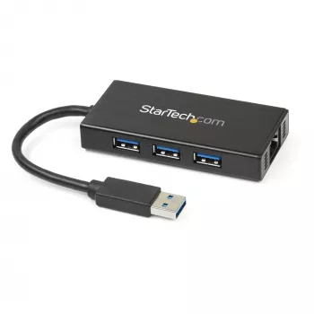 StarTech.com ST3300GU3B 3 prievadų nešiojamas USB 3.2 Gen 1 šakotuvas su Gigabit Ethernet ir įmontuotu kabeliu – aliuminis