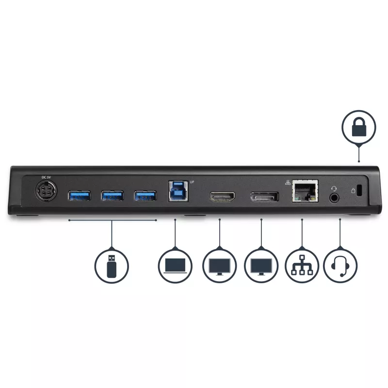 StarTech.com USB 3.0 dokavimo stotelė dviem monitoriams su HDMI ir 4K DisplayPort - USB 3.0 į 4x USB-A, Ethernet, HDMI ir DP - universali USB Type A nešiojamojo kompiuterio dokavimo stotelė, skirta Mac ir Windows