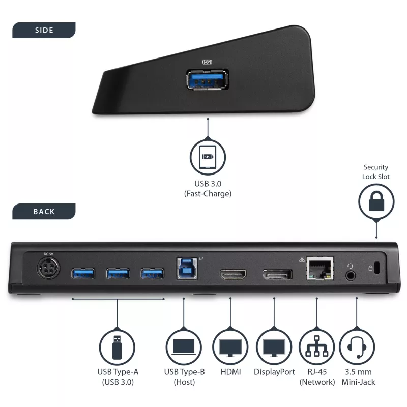 StarTech.com USB 3.0 dokavimo stotelė dviem monitoriams su HDMI ir 4K DisplayPort - USB 3.0 į 4x USB-A, Ethernet, HDMI ir DP - universali USB Type A nešiojamojo kompiuterio dokavimo stotelė, skirta Mac ir Windows