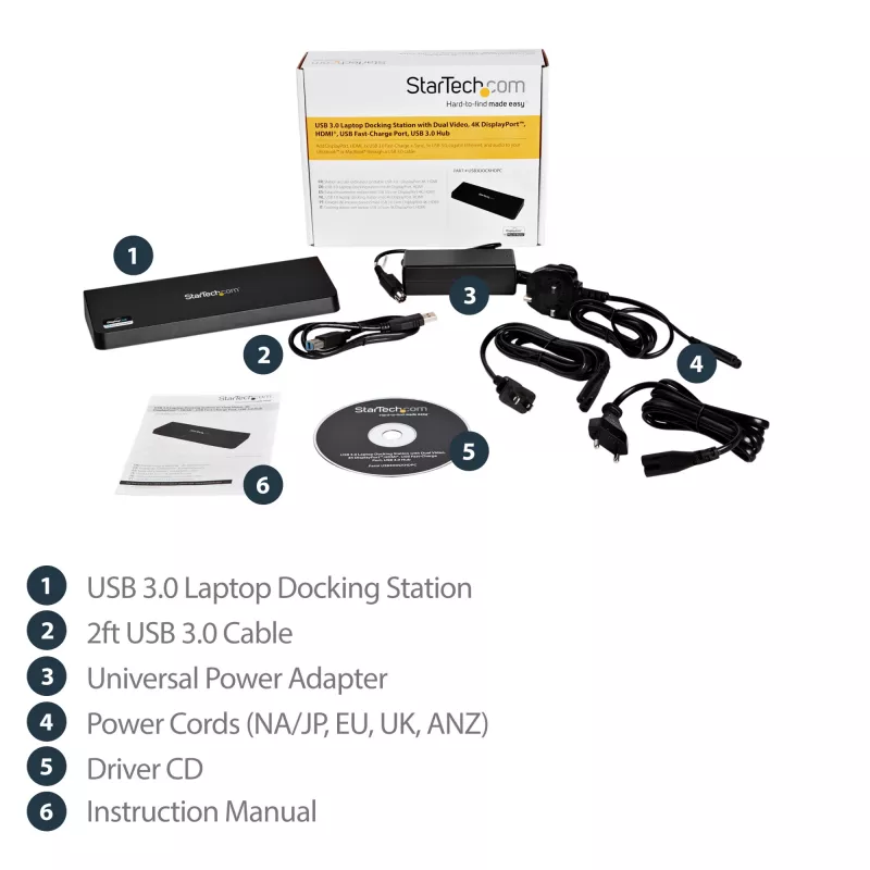 StarTech.com USB 3.0 dokavimo stotelė dviem monitoriams su HDMI ir 4K DisplayPort - USB 3.0 į 4x USB-A, Ethernet, HDMI ir DP - universali USB Type A nešiojamojo kompiuterio dokavimo stotelė, skirta Mac ir Windows
