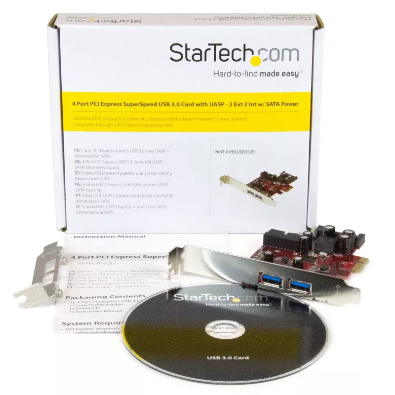 „StarTech.com“ 4 prievadų PCI Express USB 3.0 kortelė – 2 išoriniai ir 2 vidiniai – SATA maitinimas – UASP palaikymas – 2x vidiniai (IDC) pagrindinės plokštės tipo lizdai