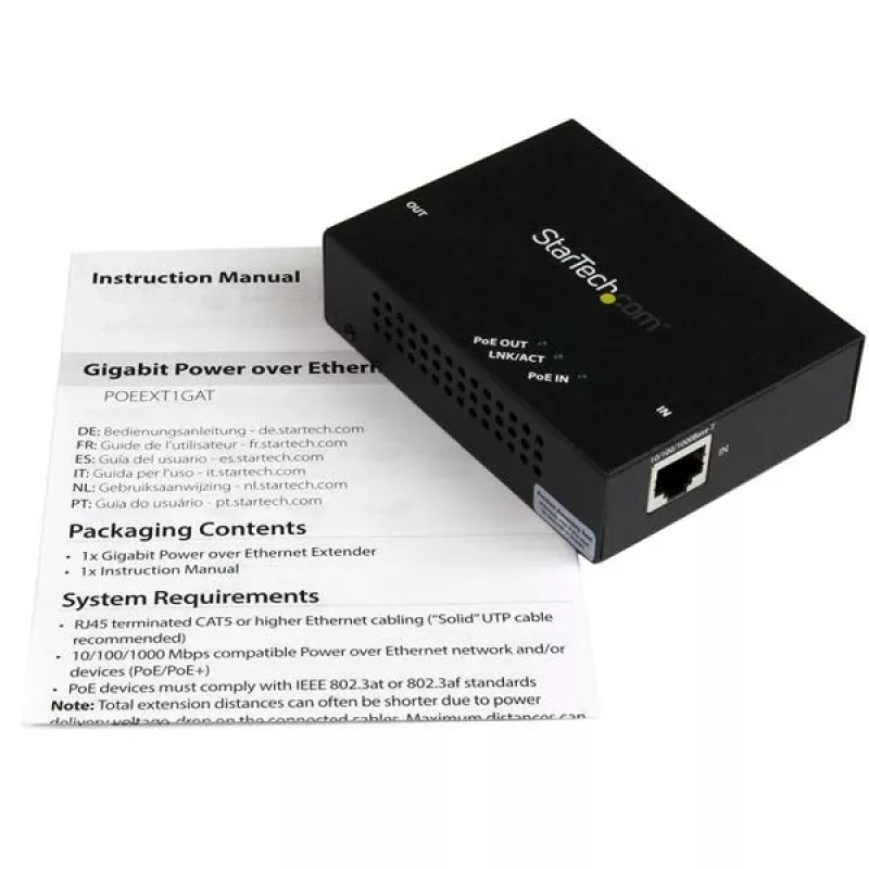 „StarTech.com“ 1 prievado Gigabit PoE+ prailgintuvas – 802.3at ir 802.3af – 100 m (330 pėdų)