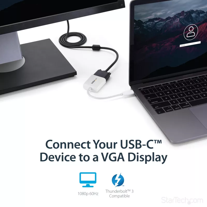 StarTech.com USB-C į VGA adapteris - Baltas, 3.2 Gen 1 (3.1 Gen 1), USB Type-C, VGA (D-Sub) išėjimas, 1920 x 1200 pikselių