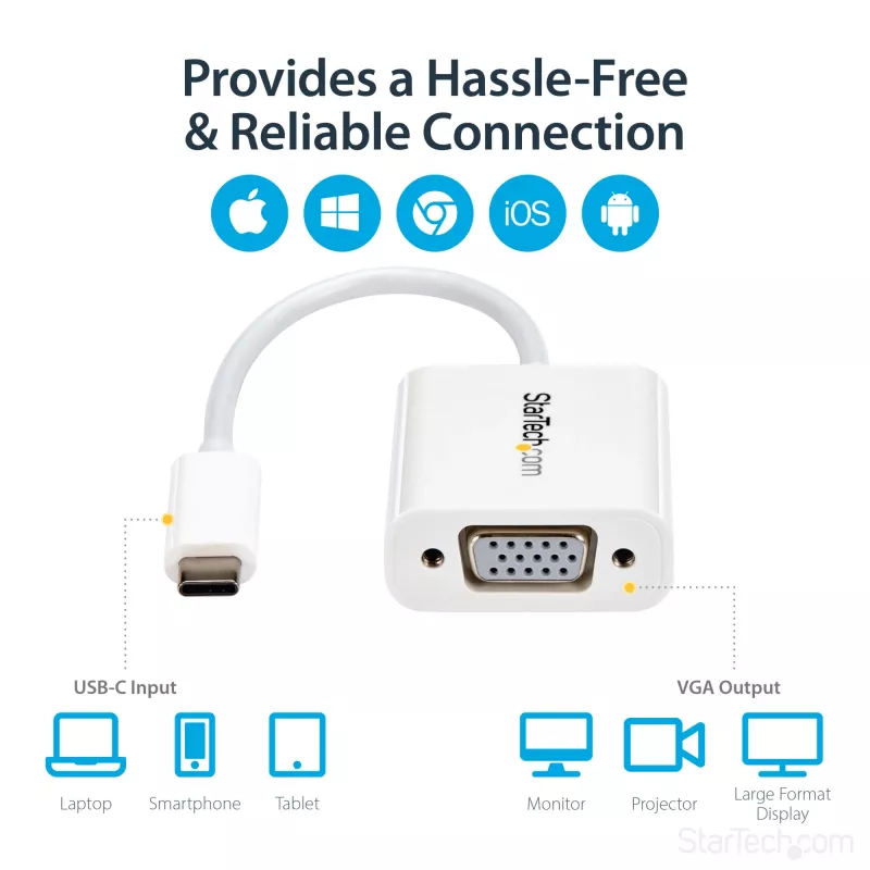 StarTech.com USB-C į VGA adapteris - Baltas, 3.2 Gen 1 (3.1 Gen 1), USB Type-C, VGA (D-Sub) išėjimas, 1920 x 1200 pikselių
