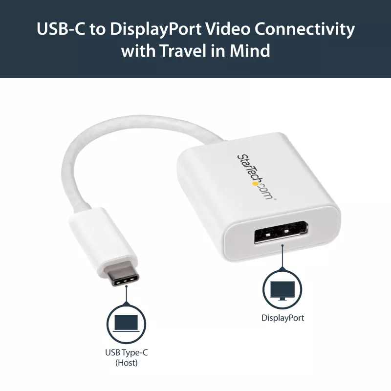 StarTech.com USB-C į DisplayPort adapteris – 4K 60Hz/8K 30Hz – USB Type-C į DP 1.4 HBR2 adapteris – kompaktiškas USB-C (DP Alt Mode) monitoriaus vaizdo keitiklis – suderinamas su Thunderbolt 3 – baltas