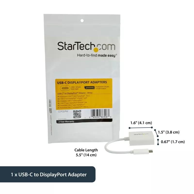 StarTech.com USB-C į DisplayPort adapteris – 4K 60Hz/8K 30Hz – USB Type-C į DP 1.4 HBR2 adapteris – kompaktiškas USB-C (DP Alt Mode) monitoriaus vaizdo keitiklis – suderinamas su Thunderbolt 3 – baltas