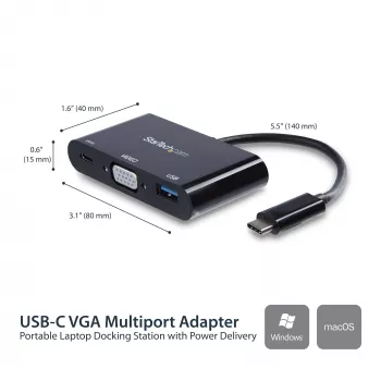 StarTech.com USB-C VGA kelių prievadų adapteris - USB 3.0 prievadas - 60W PD