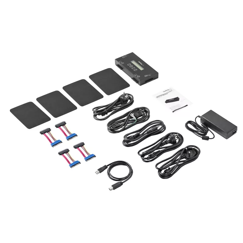 StarTech.com 4 lizdų SSD/HDD diskų trynimo įrenginys - 2,5 colio ir 3,5 colio SATA - atskiras, be kompiuterio veikiantis išorinis diskų sanitizeris - 9 trynimo režimai - RS232 spausdintuvo prievadas - NIST/DOD ir TAA atitiktis
